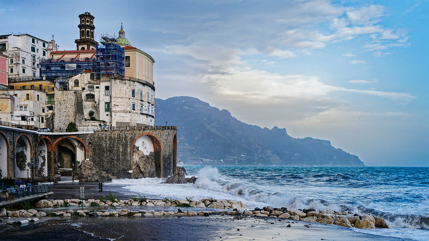 Atrani village and church beside the sea on the Amalfi Coast