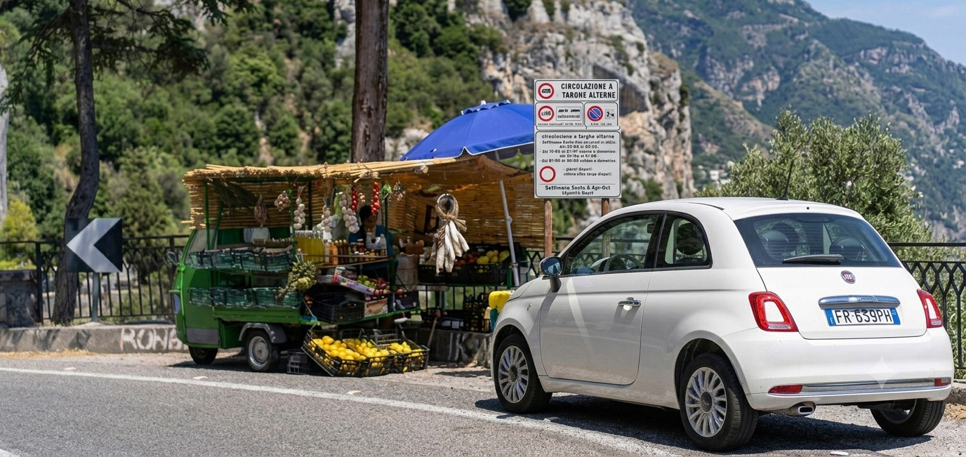 Car on the Amalfi Coast road during 2026 driving restrictions