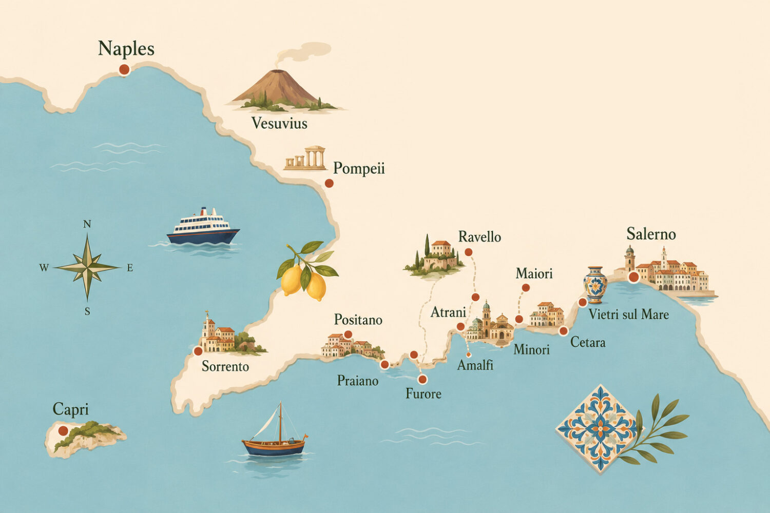 Illustrated map of the Amalfi Coast showing Naples, Pompeii, Sorrento, Capri, Positano, Amalfi, Ravello, Maiori and Salerno