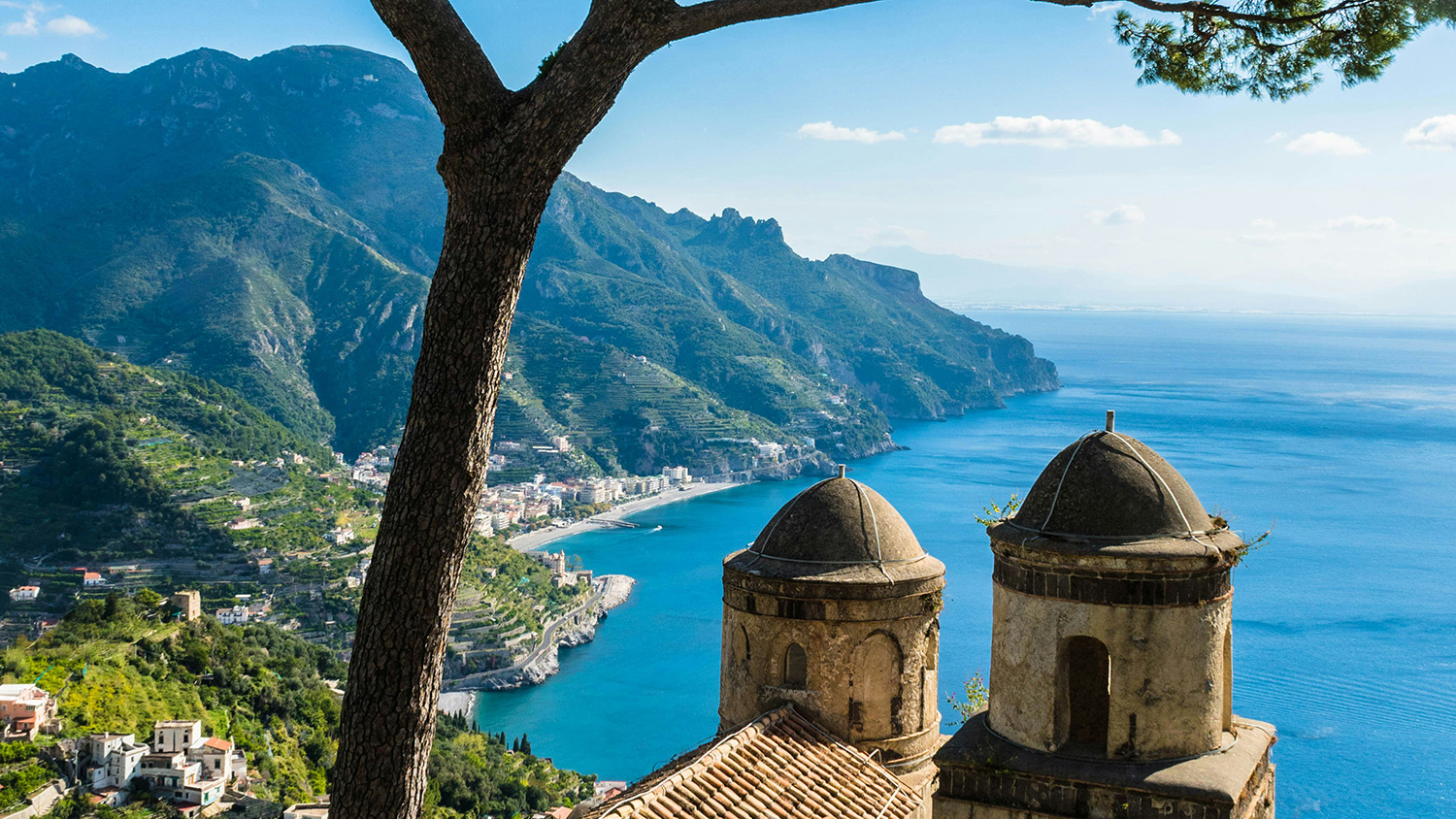 Ravello church towers overlooking the Amalfi Coast and Mediterranean Sea