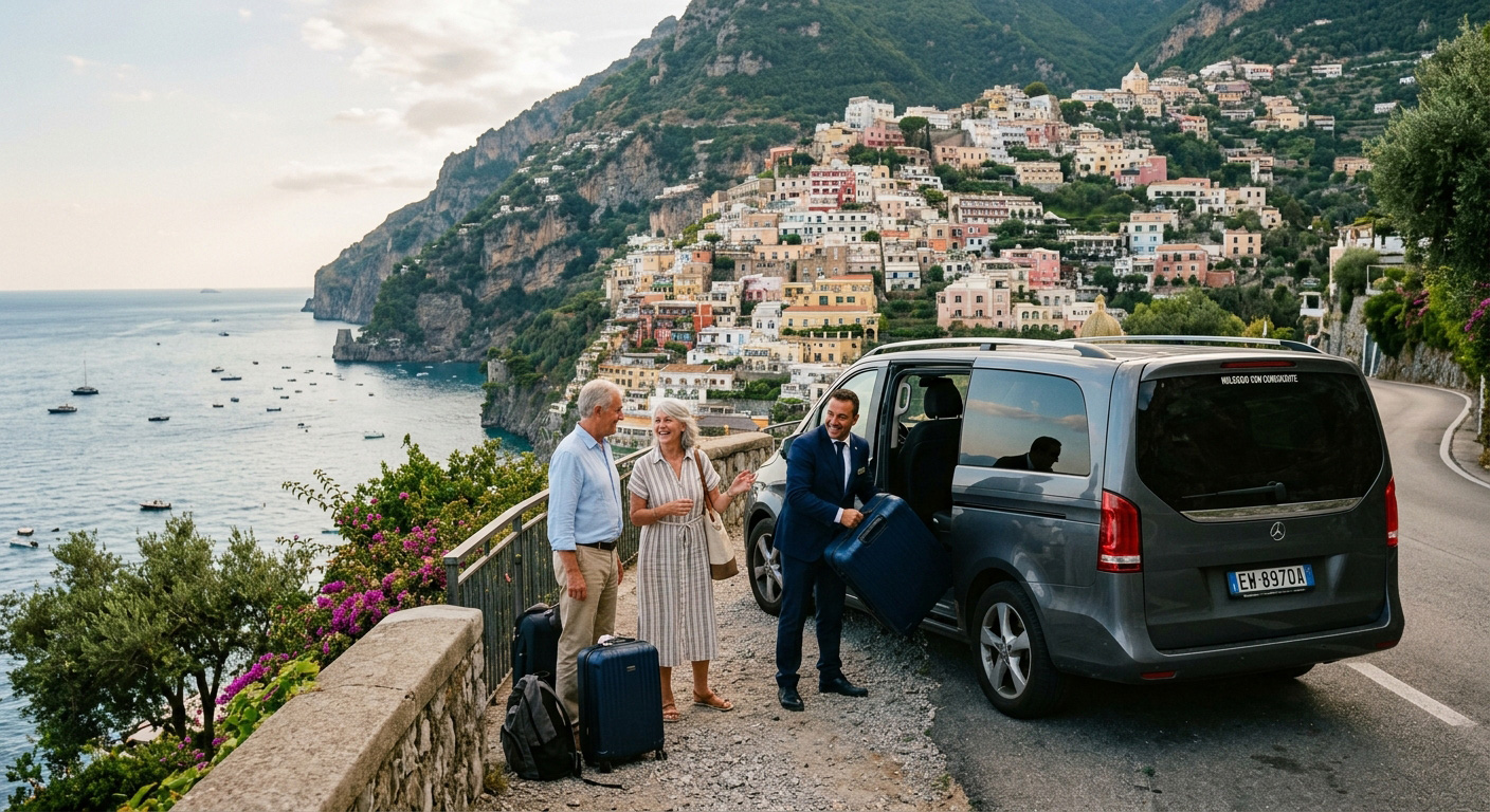 Private transfer on the Amalfi Coast with a suited driver unloading luggage from a Mercedes van as travelers arrive in Positano.