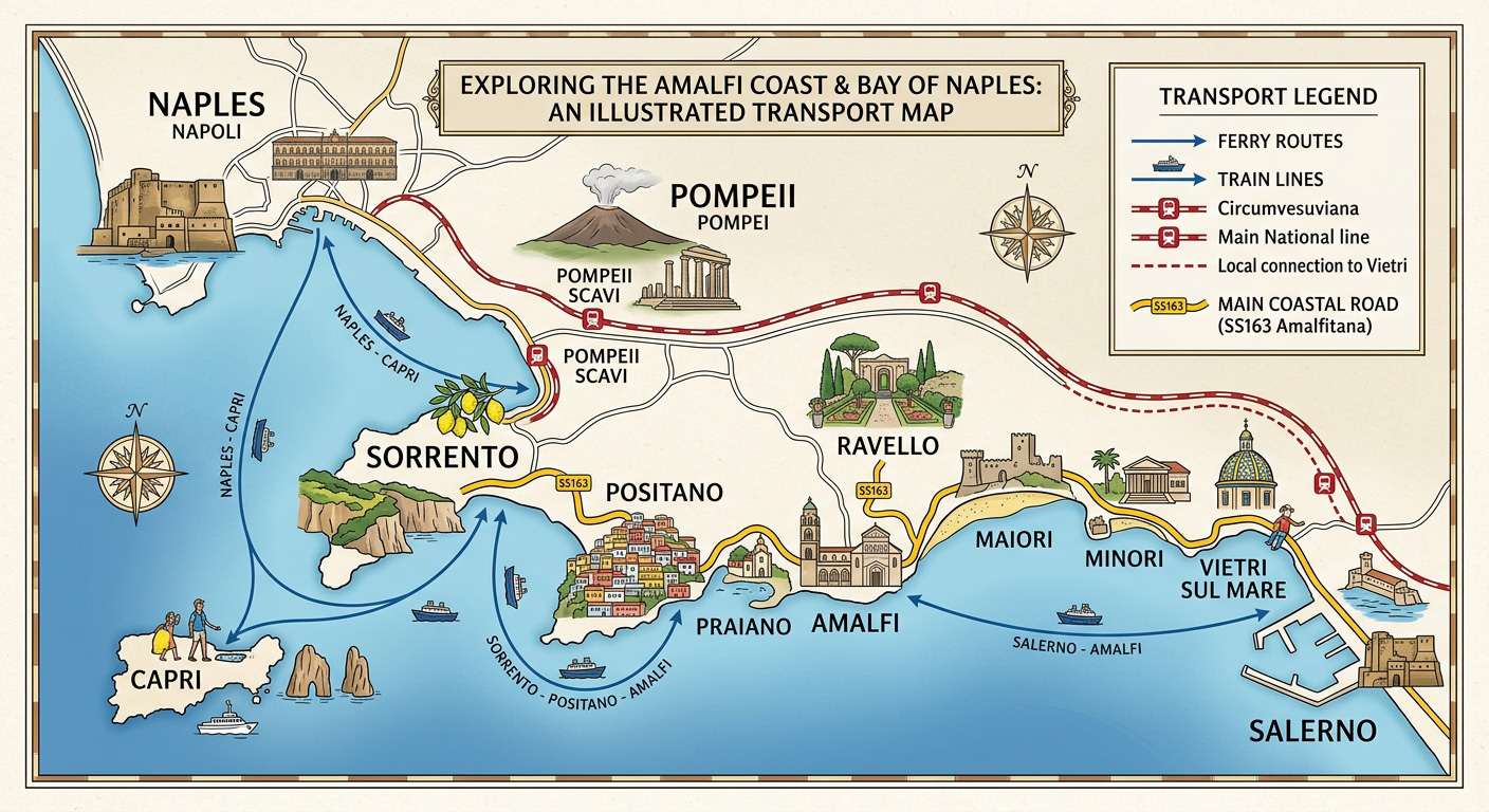 Illustrated Amalfi Coast transport map showing ferry routes, train lines and the SS163 coastal road connecting Naples, Pompeii, Sorrento, Positano, Amalfi, Ravello, Maiori, Minori, Vietri sul Mare, Salerno and Capri.