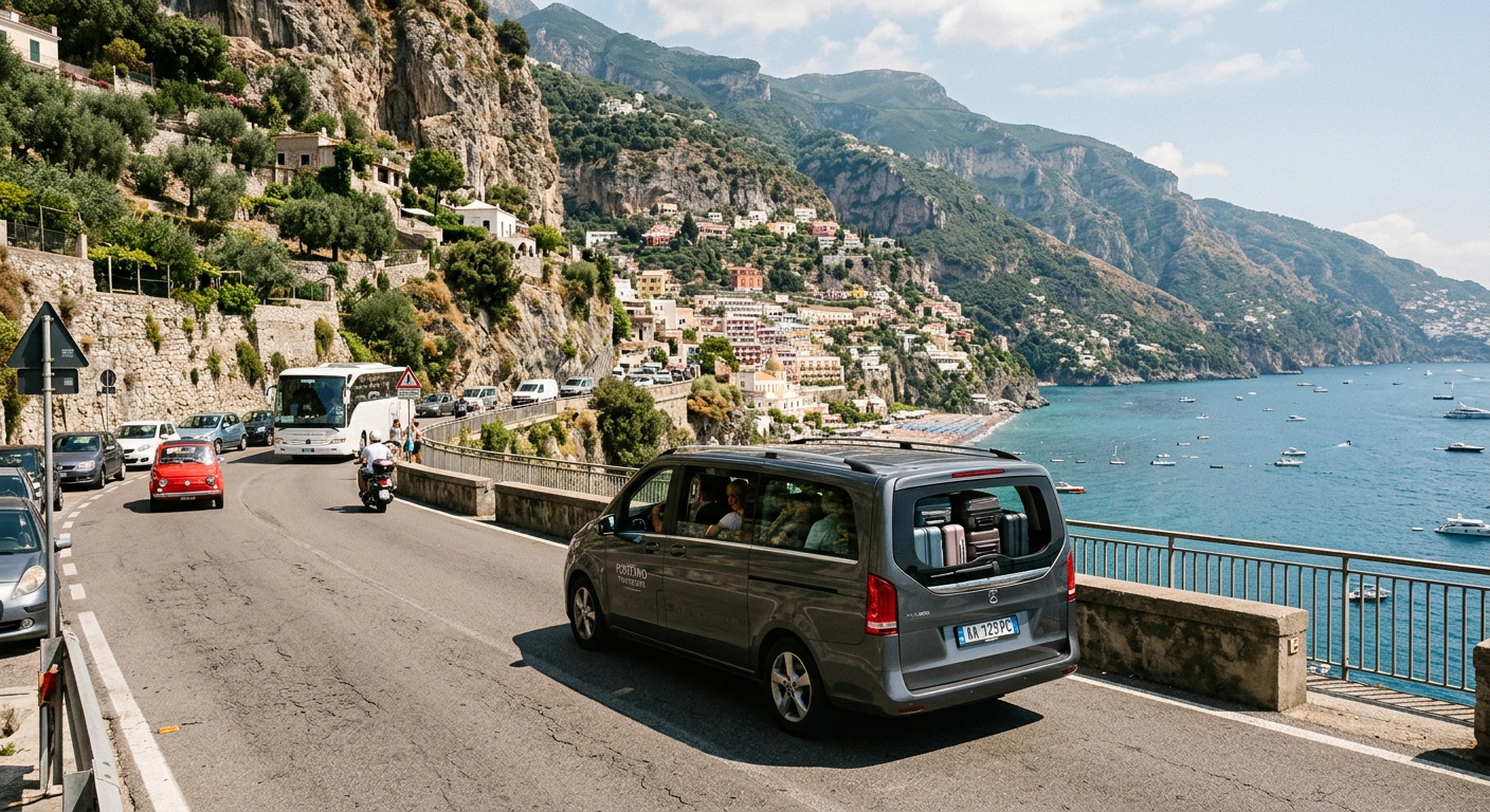 Traffic on the Amalfi Coast road above Positano with cars, a bus and the sea below.