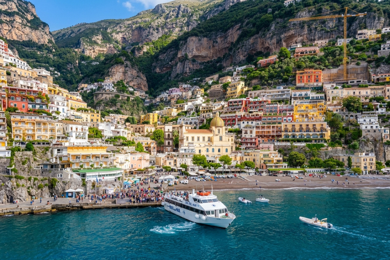 Ferry approaching Positano with the colourful hillside town and beach on the Amalfi Coast.