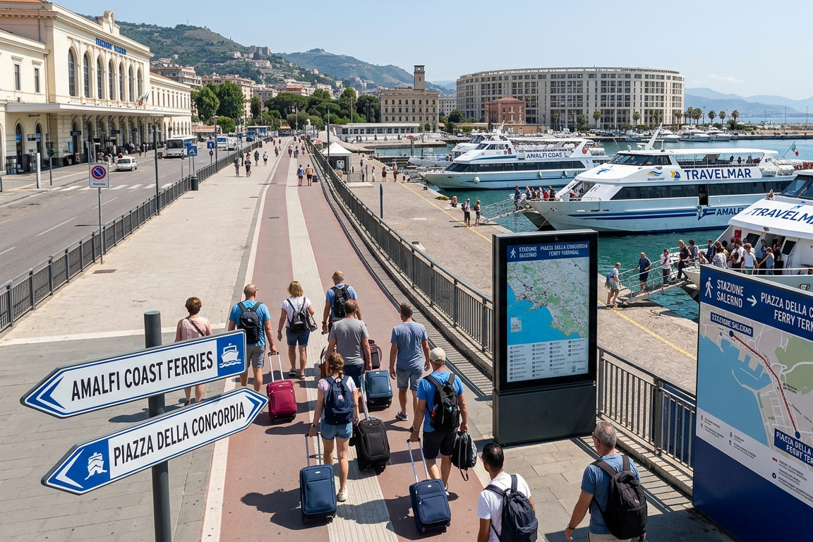 Travellers with luggage walking from Salerno railway station towards the Amalfi Coast ferry terminal at Piazza della Concordia.