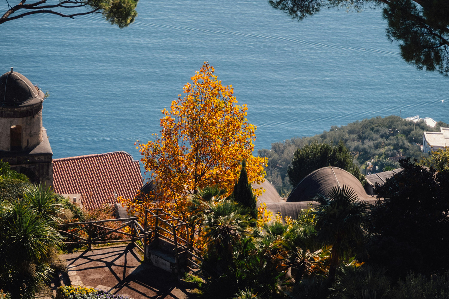 Amalfi Coast in October with autumn foliage and Mediterranean Sea views from Ravello