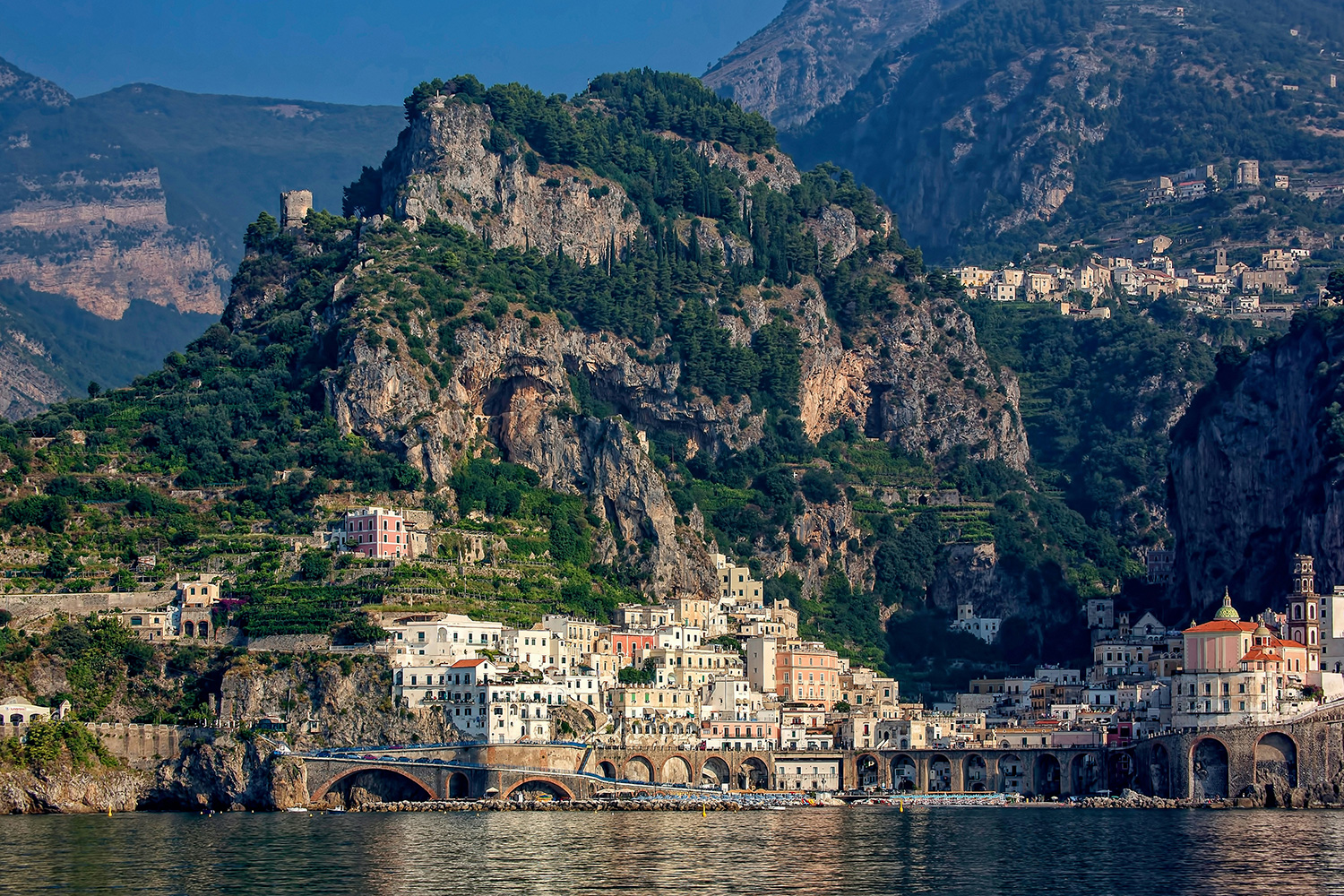 Atrani on the Amalfi Coast beneath steep mountains and Torre dello Ziro.