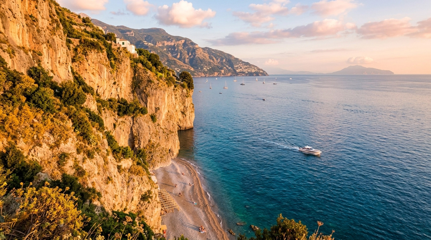 Duoglio Beach beneath steep cliffs with clear blue water and a boat off the Amalfi Coast