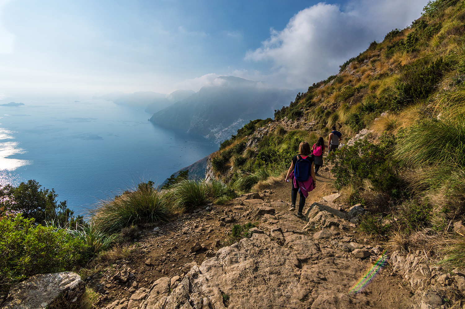 Hikers on the Path of the Gods above the Amalfi Coast.