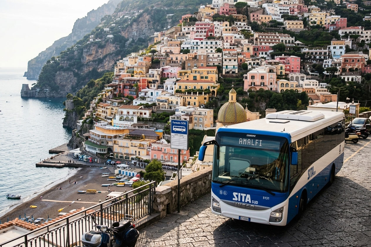 SITA bus in Positano on the Amalfi Coast, Italy.