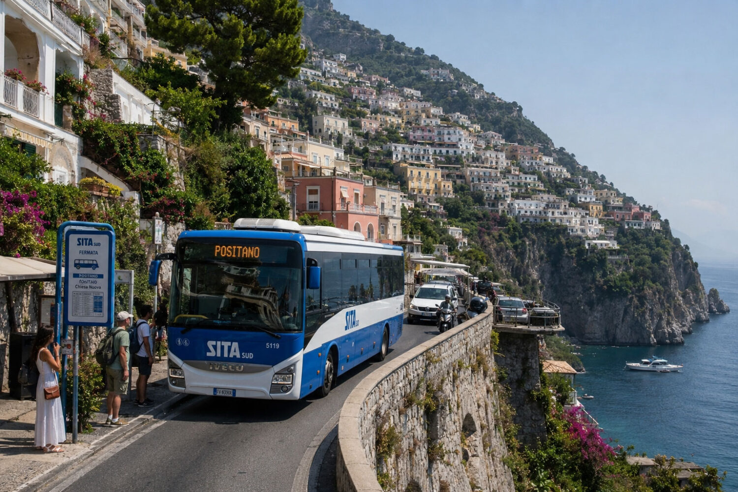 SITA bus at a stop on the SS163 road in Positano on the Amalfi Coast.