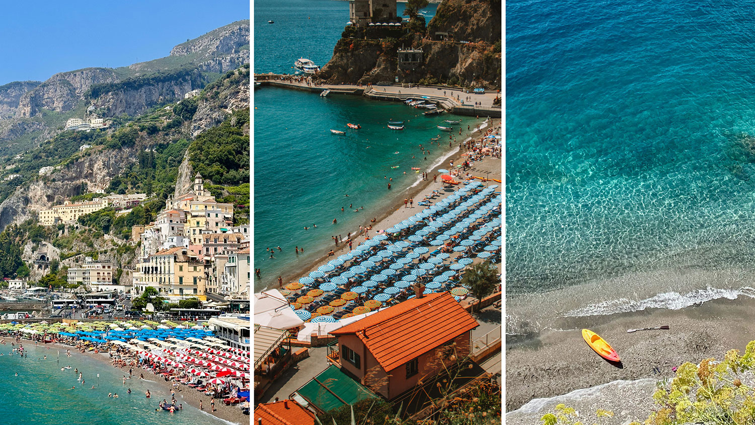 Three-panel collage of Amalfi’s Marina Grande, Maiori Beach with blue umbrellas, and a rocky cove with a kayak.