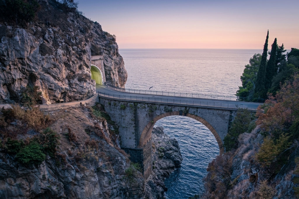 Fiordo di Furore bridge crossing the rocky gorge above the sea at sunset on the Amalfi Coast
