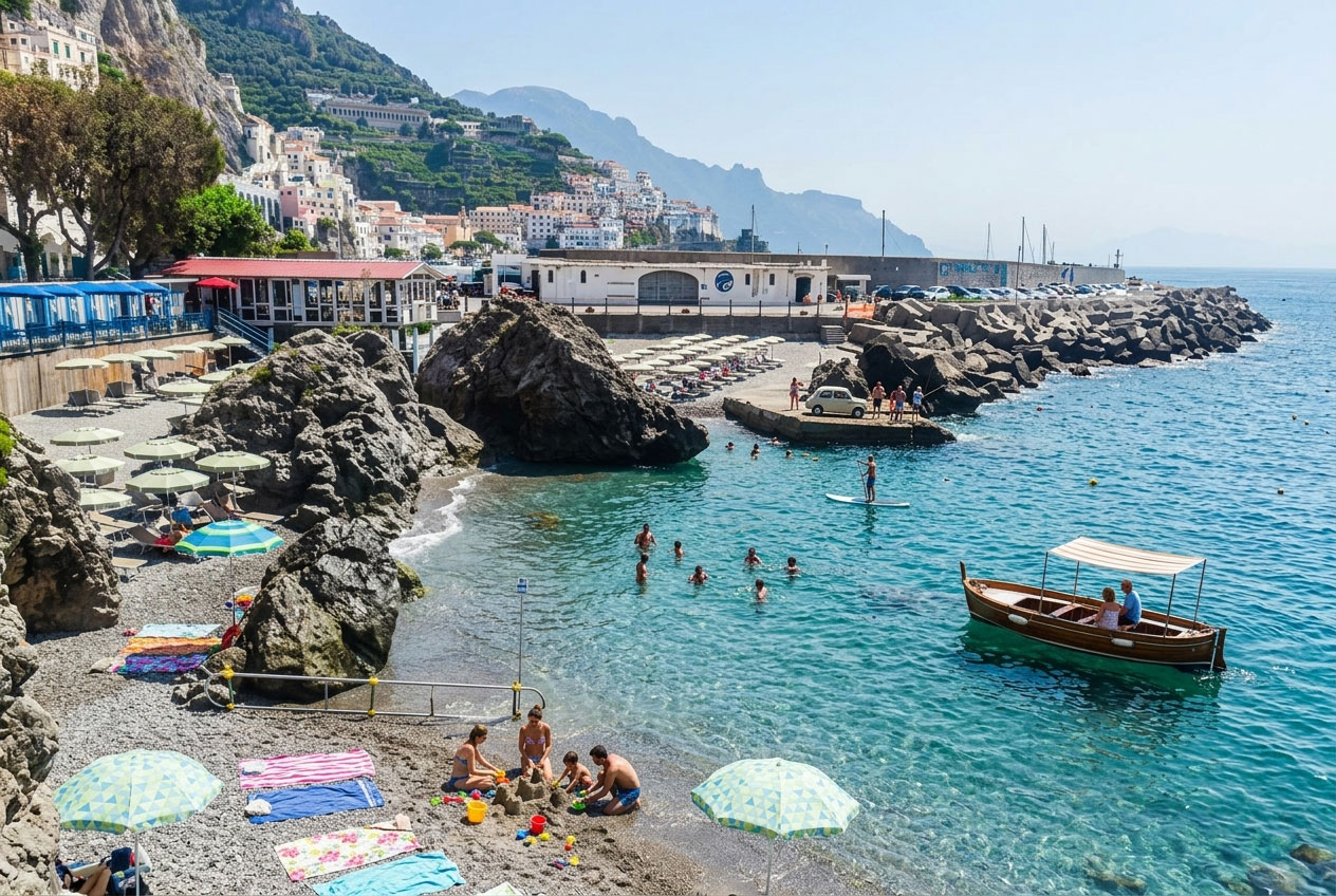 Lido delle Sirene beach in Amalfi, with parasols between large rocks, swimmers and a wooden boat beside the harbour.