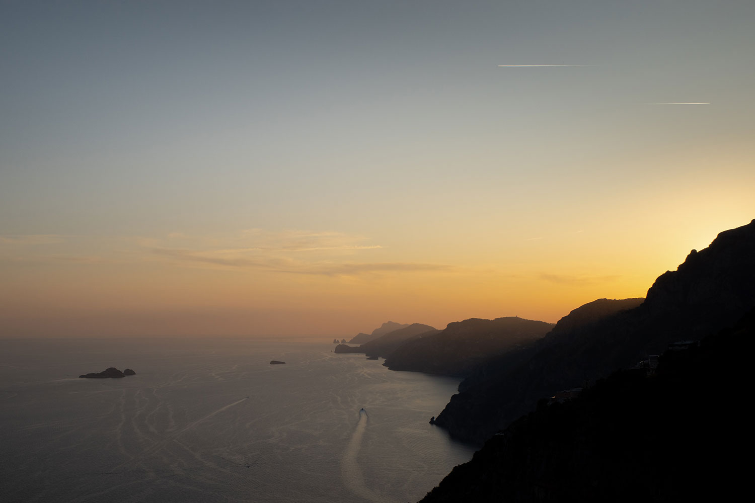 Sunset view from the Path of the Gods trail near Agerola on the Amalfi Coast