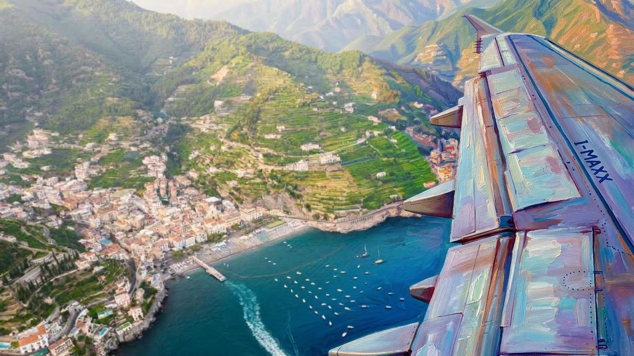 Airplane wing flying above the Amalfi Coast and Mediterranean Sea