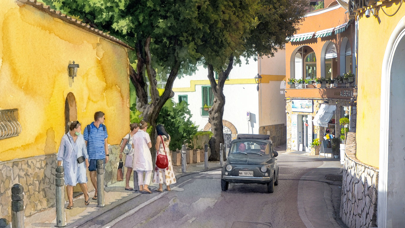 Small vintage car driving through a narrow yellow-walled street on the Amalfi Coast with pedestrians walking beside it.