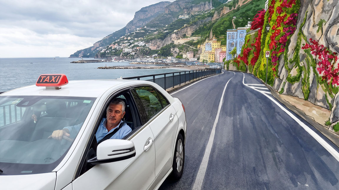 Taxi driving on the Amalfi Coast road near Amalfi
