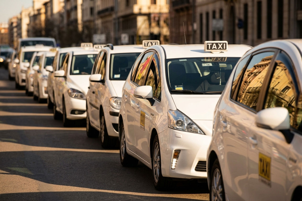 White taxis lined up at a taxi rank in Naples, Italy