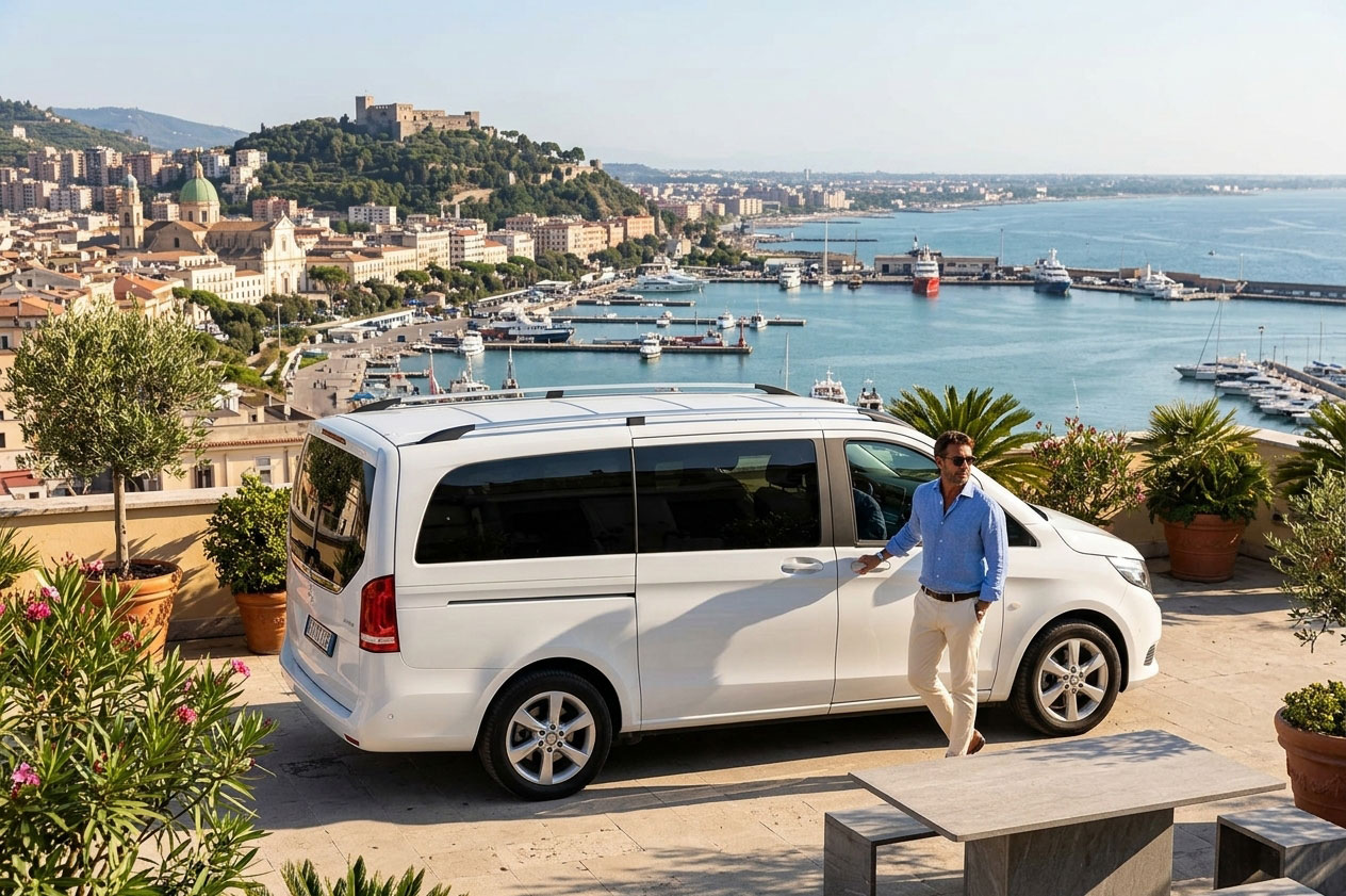 Private transfer van overlooking Salerno and the harbour